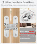 Hidden installation cross hinge with roller slide rail design on a wooden panel for smooth door operation, various sizes available