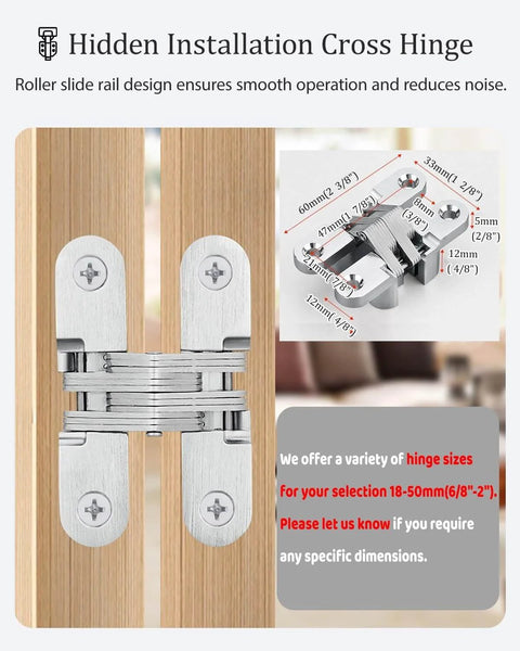 Hidden installation cross hinge on wooden surface with measurements, emphasizing smooth operation and sound reduction.