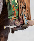 Cowboy boot with Two Pack Horse Spurs Set In Stainless Steel With Gear Copper Rowels on horseback, equestrian trail riding