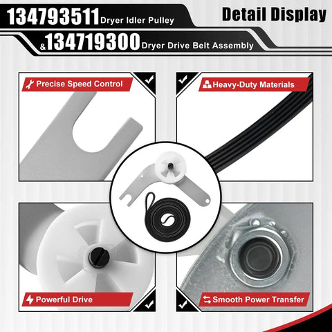Detail of Dryer Idler Pulley and Drive Belt Kit 134793511 137315300 showing precise speed control and materials.