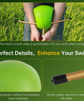 Golf Swing Training Aid For Hand Positioning And Posture Correction That Feels Like A Personal Coach And Game Changing Swing Feel With Smart Ball Guidance For All Levels From Beginners To Pros showing green foam design with metal rods and rubber caps for swing enhancement.