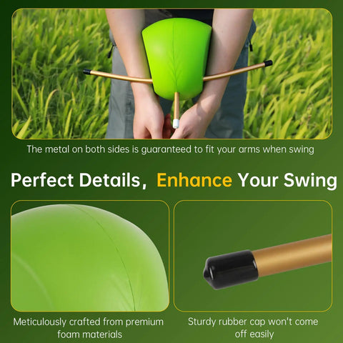 Golf Swing Training Aid For Hand Positioning And Posture Correction That Feels Like A Personal Coach And Game Changing Swing Feel With Smart Ball Guidance For All Levels From Beginners To Pros showing green foam design with metal rods and rubber caps for swing enhancement.