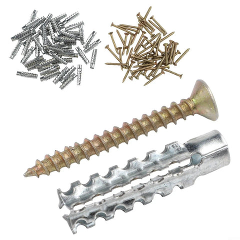 Close-up of Heavy Duty Self Tapping Screws And Expansion Anchor Kit with serrated carbon steel fasteners, M6 M8 size, 50 pieces.