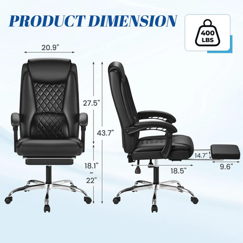 Ergonomic Office Chair With Footrest For All Day Comfort High Back Leather Desk Chair dimensions and 400 lb capacity display.