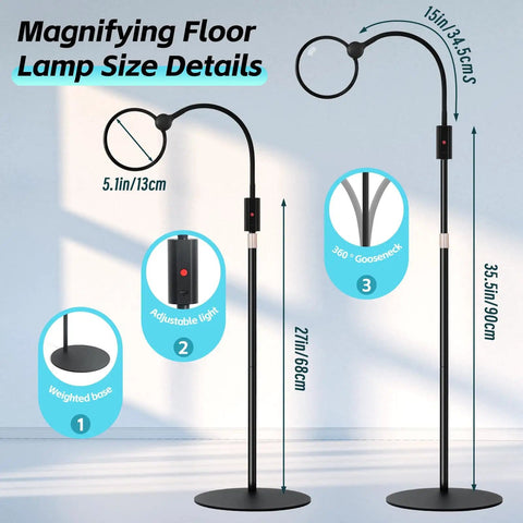 Dimensions of 10X Floor Magnifying Glass With Light And Stand, 5.1 Inch Real Glass Lens, adjustable height and 360 degree gooseneck.