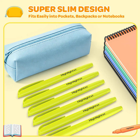 Bulk 48 Pack Yellow Highlighters With Chisel Tip And Quick Dry Ink No Bleed Through For Studying Notes next to blue pencil case