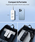 Image showing a Flat Plug Power Strip with 10ft Ultra Thin Flat Cord, 6 Widely Spaced Outlets, and 3 USB Ports next to a smartphone, highlighting its compact size for travel, with a backpack displaying the power strip neatly stored inside.