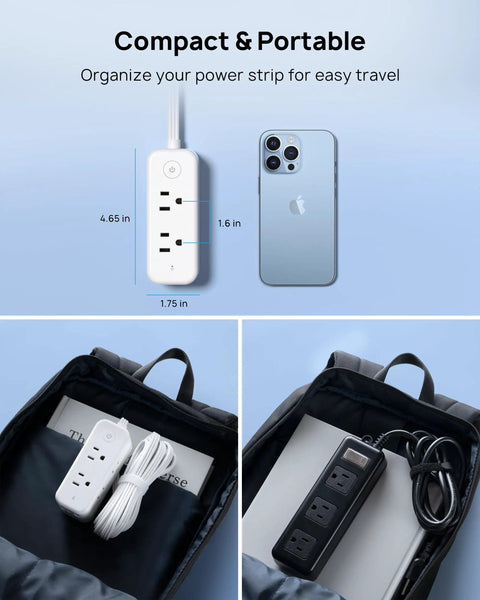 Image showing a Flat Plug Power Strip with 10ft Ultra Thin Flat Cord, 6 Widely Spaced Outlets, and 3 USB Ports next to a smartphone, highlighting its compact size for travel, with a backpack displaying the power strip neatly stored inside.