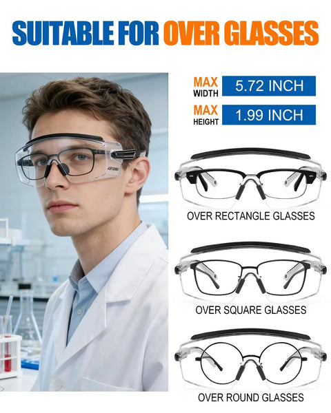 Boss Level Safety Glasses Over Eyeglasses With Hella Good Anti Fog Coating, ANSI Z87.1 Certified Eye Shield fitting rectangular, square, and round glasses.