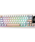 Slick Wireless Mechanical Keyboard Featuring Sixty Eight Keys In Warm Beige with customizable TFT screen and RGB backlighting.