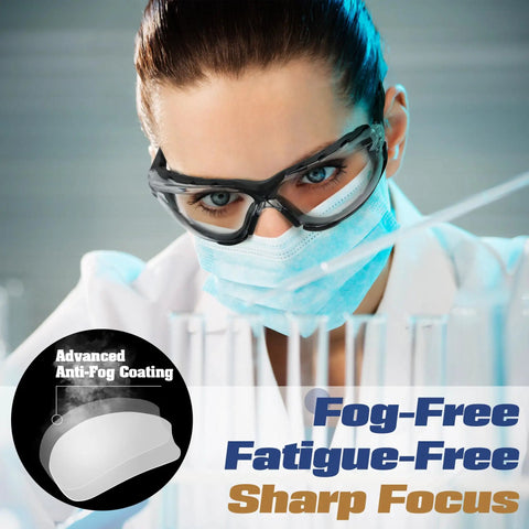 Scientist wearing All Day Comfort Anti Fog Safety Goggles With Foam Seal And Adjustable Strap UV Protection in lab setting