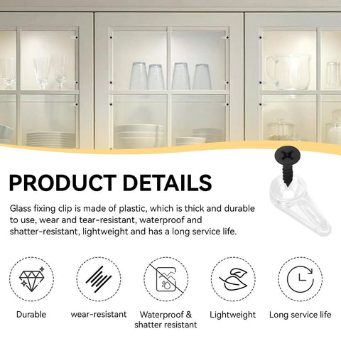 50 Pack Clear Flush Cabinet Glass Retainer Clips With 16Mm Screws Heavy Duty Snap Lock Window Screen Fasteners installed in a cabinet.