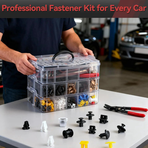 2080Piece Auto Retainer Clips Kit With Fastener Pliers And Trim Removal Tools in organizer box on table