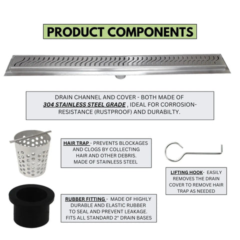 Heavy Duty 47 Inch Linear Shower Drain With Brushed Nickel Finish Solid 304 Stainless Steel Construction product components including hair trap and rubber fitting.
