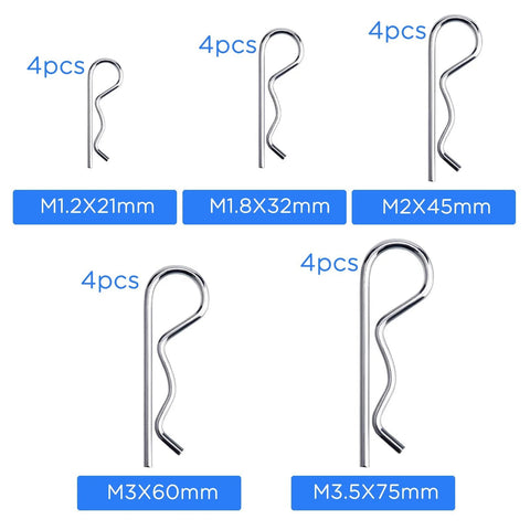 Twenty Pcs R Clips Retaining Pins Tough As Nails Heavy Duty Zinc Plated Split Pin Hitch Pin Set with various sizes displayed