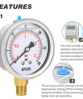 BPSSDI glycerin-filled pressure gauge, 2.5-inch dial, 0–30 psi, 1/4 in NPT lower mount, 304 stainless steel case