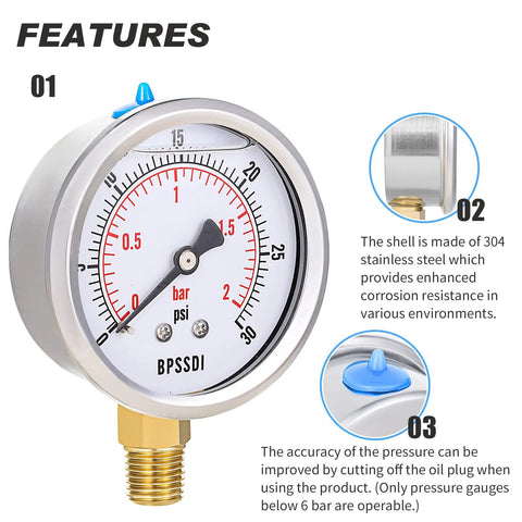 BPSSDI glycerin-filled pressure gauge, 2.5-inch dial, 0–30 psi, 1/4 in NPT lower mount, 304 stainless steel case