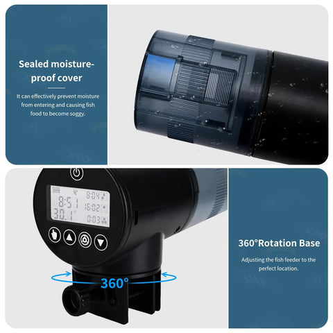 Rock Solid Automatic Fish Feeder With Nailed It Timing Accuracy And Rechargeable Battery For Home Aquariums and Backyard Ponds featuring sealed moisture-proof cover.