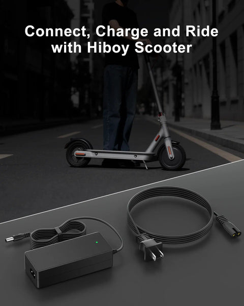 Universal 42V 2A Electric Scooter Charger For 36V Lithium Ion Folding Scooters displayed with scooter and charger