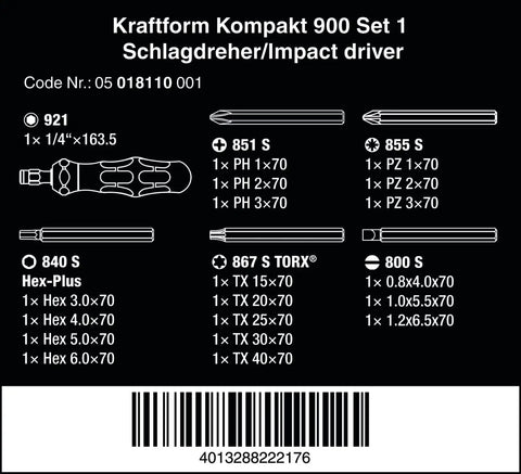 Diagram of Kraftform Kompakt 900 Set 1 with various bits and impact driver details, black and white layout with barcode.