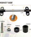 Diagram showing Heavy Duty Wheelbarrow Axle Bracket Kit with dimensions and components including solid axle shaft, brackets, and POM spacers.