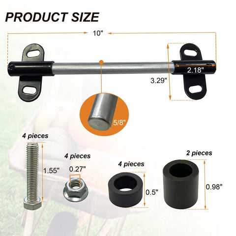 Diagram showing Heavy Duty Wheelbarrow Axle Bracket Kit with dimensions and components including solid axle shaft, brackets, and POM spacers.