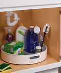 18 Inch Lazy Susan Rotating Turntable Featuring Super Grippy Non Skid Base Spins Smooth in cabinet with cleaners and brushes