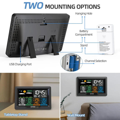 Wireless Weather Station With Indoor And Outdoor Sensors And 7 Inch Color Display Easy Setup Monitors Temperature And Humidity In Four Areas Real Time Forecast Digital Atomic Clock With Backlight A True Home Buddy For Living Room Bedroom Kitchen showing tabletop and wall mount options