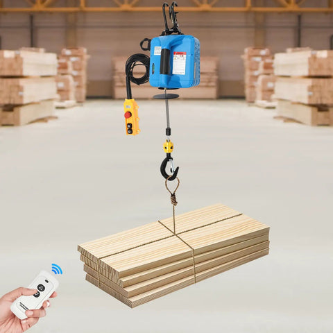 Heavy Duty Electric Power Hoist With 1100 Lbs Lift Capacity And Durable Steel Wire Cable For Garage Rigging and Workshop Lifting Jobs That Rock lifting wooden beams with remote control in a workshop.