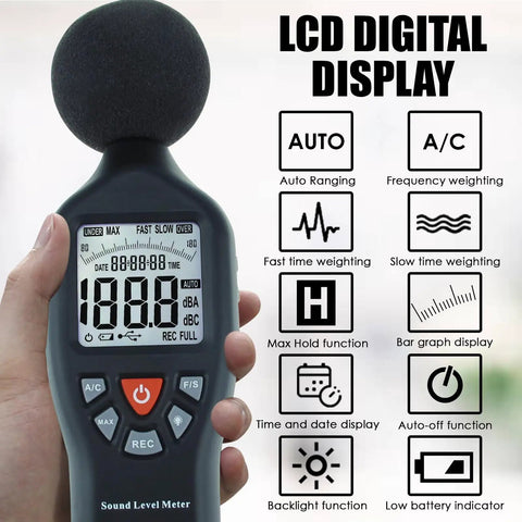 Pro Grade Sound Level Meter With Data Logger And Software, Auto Range, Backlit LCD, 30 to 130 dB Range, displayed features.