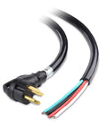 Replacement 50 Amp RV Power Cord With Four Prong, 25 Ft, 6/8 AWG Pigtail, showing plug and exposed wires