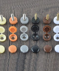 100 Pcs Hinged Screw Cover Caps Waterproof Plastic Siamese Screw Cap Hole Covers For Phillips Screws Head Cabinet Decoration Tapping Screw Cover 5mm Orange Quick And Easy Install, showing various colors including orange, with screws.