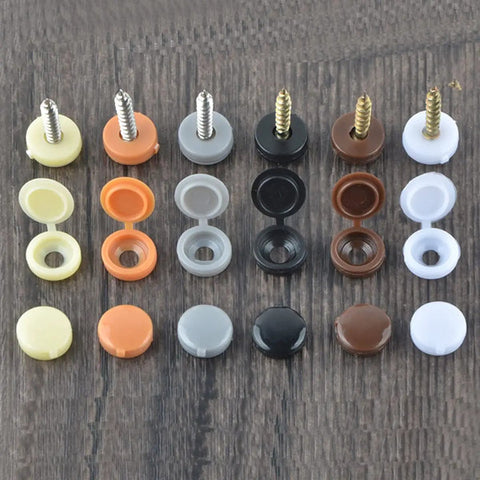 100 Pcs Hinged Screw Cover Caps Waterproof Plastic Siamese Screw Cap Hole Covers For Phillips Screws Head Cabinet Decoration Tapping Screw Cover 5mm Orange Quick And Easy Install, showing various colors including orange, with screws.