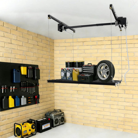 Hardcore Adjustable Overhead Garage Storage Rack With 300 Pound Capacity Rustproof Carbon Steel Ceiling Mount Hanger holding tools and tire.