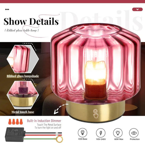 Pink ribbed glass table lamp with gold base and induction dimmer