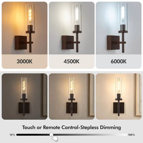 Kwinmyso Wireless 3CCT Wall Sconce Battery Operated Dimmable Wall Light showing 3000K, 4500K, 6000K lighting options and dimming control.