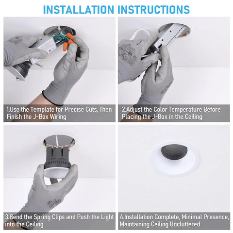 Installation steps for TORCHSTAR 2-Pack 4-Inch 5CCT LED Recessed Light with J-Box, Wet Location in a ceiling.