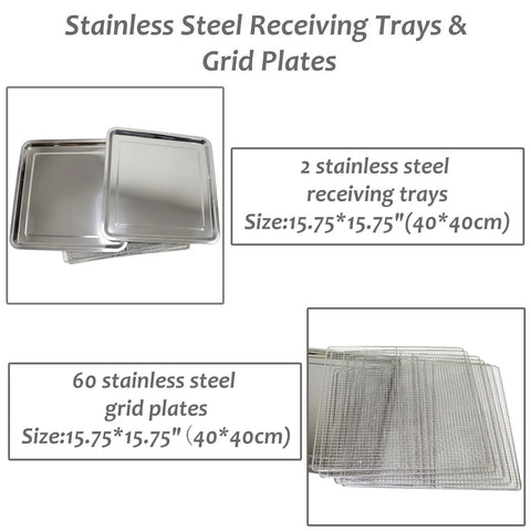 Stainless steel receiving trays and grid plates for Tough as Nails 304 Stainless 60 Tray Food Dehydrator 3000W.
