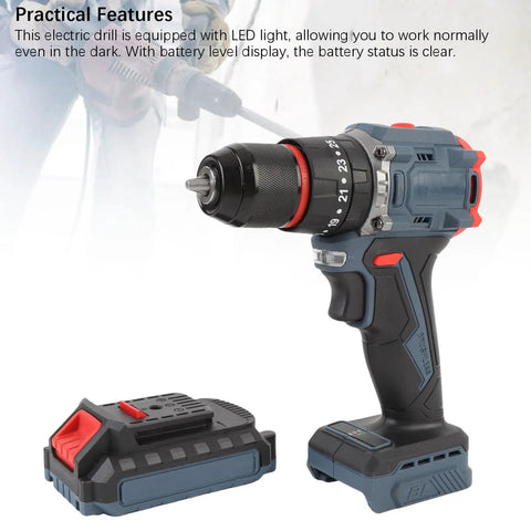 Heavy Duty Brushless Cordless Drill Delivering A Solid 1500 RPM And Kickass 45 Nm Torque Featuring Twenty Five Adjustable Settings US Plug with battery and LED light.