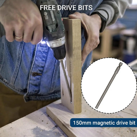 Person using a drill with a 150mm magnetic drive bit for pocket hole joinery; part of 680 Piece Pocket Hole Screw Set With Five Sizes Blue Ceramic Coated And Zinc Coated Square Drive Self Tapping Coarse Thread Wood Screws For Pocket Hole Joinery In Inch Sizes From Eight To Two And A Half Inches For DIYers.