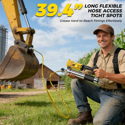 Man using 12800 PSI Cordless Grease Gun Workhorse With 39.4 Inch Hose One Hand Operation LED Light Three Couplers Tool Only