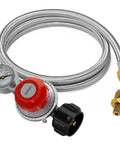 5ft stainless steel braided propane regulator hose with gauge; adjustable 0–30 PSI, red regulator knob, brass fittings