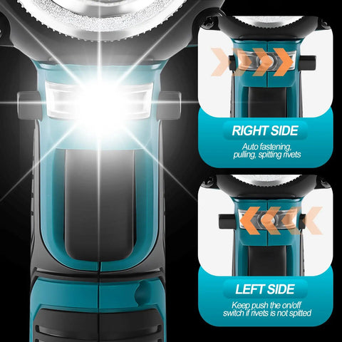 Camxtool Cordless Rivet Gun, Brushless Electric Pop Riveter Kit With Automatic Trigger, front view with light feature and side operation details.