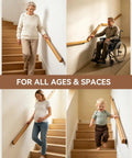 Rock Solid 2 Foot Wooden Stair Railing Wall Mount Handrail For Indoor Outdoor Stairs Smooth Finish used by a senior, wheelchair user, pregnant woman, and child.