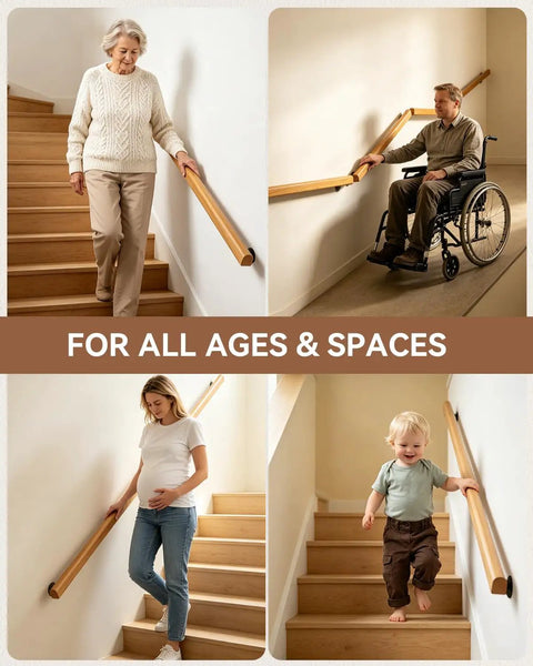 Rock Solid 2 Foot Wooden Stair Railing Wall Mount Handrail For Indoor Outdoor Stairs Smooth Finish used by a senior, wheelchair user, pregnant woman, and child.