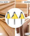 Three Piece Chamfer Router Bit Set For Woodworking, One Quarter Inch Shank, One Inch Cutting Length, Angles 15, 22.5, And 30 Degrees