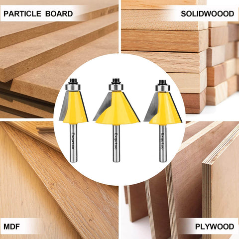 Three Piece Chamfer Router Bit Set For Woodworking, One Quarter Inch Shank, One Inch Cutting Length, Angles 15, 22.5, And 30 Degrees