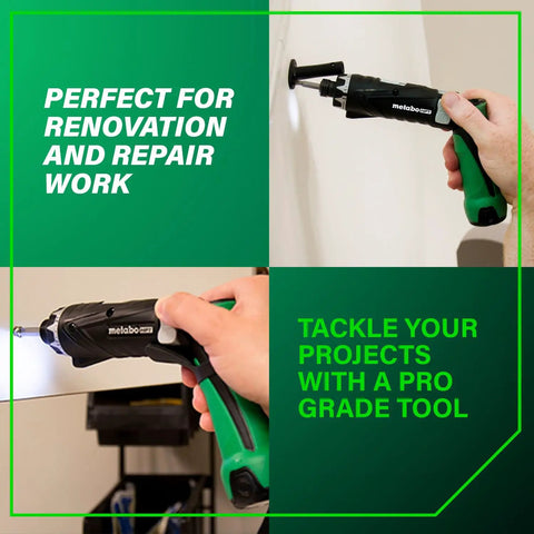 Cordless Screwdriver Kit 3.6V With Dual Position Handle, used in renovation and repair work, featuring built-in LED light.