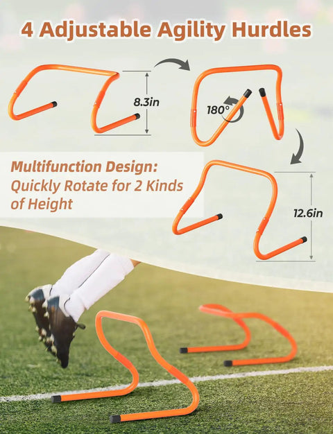 All In One Pro Grade Agility Ladder Set For Football Training with 4 adjustable orange agility hurdles on grass field