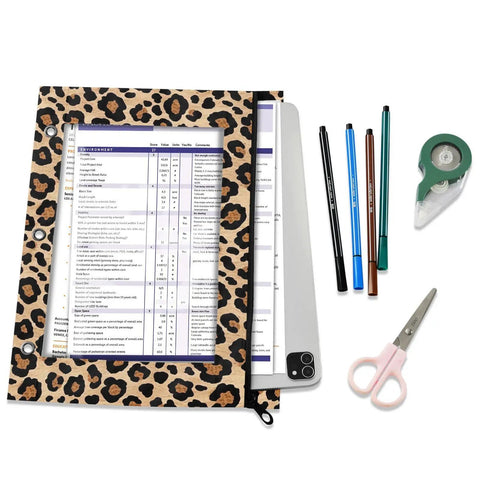 Zippered Leopard Print Coupon And Card Organizer for school supplies, clips into a 3 ring binder with pens and scissors shown